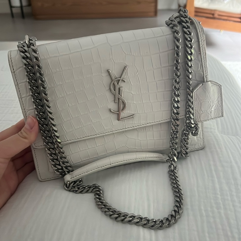 Saint Laurent Sunset Crossbody Bag Crocodile Embossed Leather Medium - White